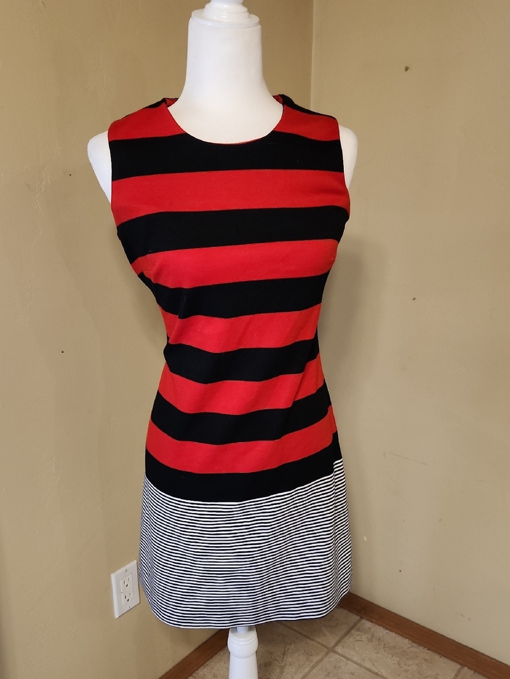 Calvin Klein Red, Black and White Striped Dress